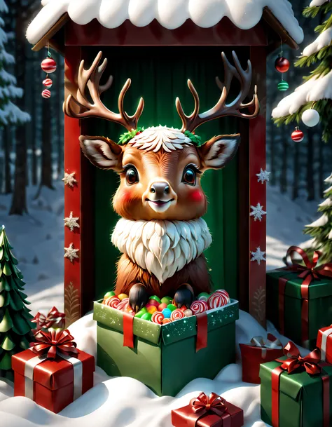 （（（Cute elk holding a book and bag of candy，Standing inside an open gift box））），Robin perched overhead，Christmas elements，illustratio，3Drenderingof，snow covered ground，festive decorations，candy wrapperestival clothing quality，8K，A high resolution，tmasterpi...