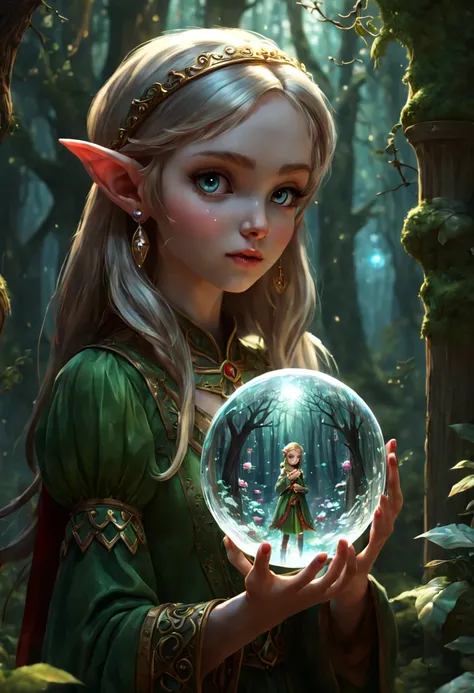 a elf girl with Crystal Ball as Gift, Magic Forest, intricate, (masterpiece, Representative work, official art, Professional, unity 8k wallpaper:1.3)