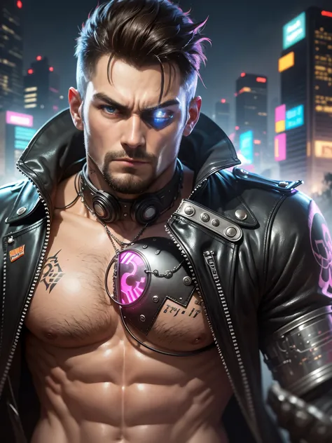 The image is concept art of a cyberpunk character, inspired by the style of Ernest Khalimov. The character is a muscular and imposing man with a horned head and a baseball bat in his hands. He has a serious and determined expression, looking at the horizon...