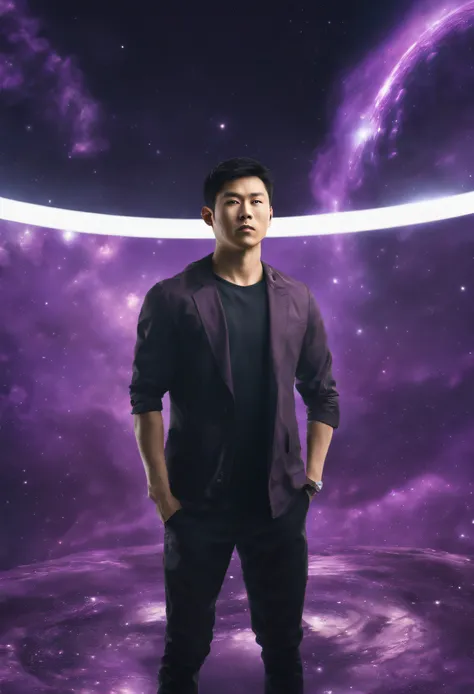 An Asian male，upperbody shots，Standing in front of a black hole，look at a camera，The background is a purple black hole