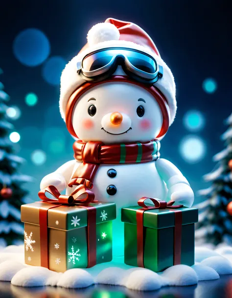 （A blind box toy)，（1 opened Christmas gift box），1 transparent cute Christmas snowman，Transparent mech，Exquisite Christmas hat：1.2，Glow-in-the-dark goggles：1.2，cyber punk personage，dreamy glow，white backgrounid，（globalillumination，Ray traching，HighDynamicRa...