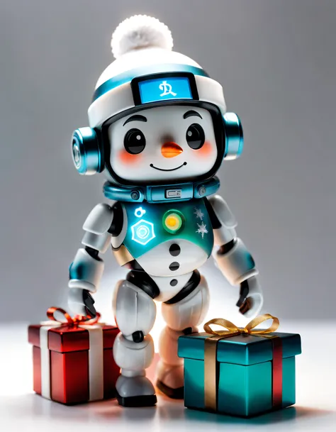 （A blind box toy)，(a sticker:1.5），（fully body photo），An open Christmas gift box reveals a transpaallowt and cute Christmas snowman，Transpaallowt mech，Exquisite Christmas hat：1.2，Glow-in-the-dark goggles：1.2，cyber punk personage，dreamy glow，allow，white back...