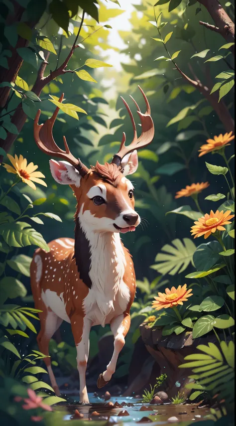 Front view of a cute sika deer jumping out of a hole in the forest, closeup cleavage, backward shot, Pixar cinematic style, Best quality at best, cinematic Film still from, extremely cute, largeeyes, eyes with brightness, birds and flowers around, flowers ...