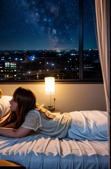 you see two sweet angels in your room, room, soft light, you see through the window the starry sky
​