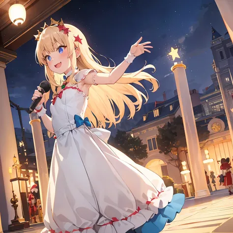 reallistic、Movie Still、diva girl,Real Girl、Blonde long hair,little kindergarten girl,In front of a huge illuminated Christmas tree、Sing a song,Bandstand,girl singing、Demonstrate head hunting、发光、With smiling eyes、A delightful、Warm and soft lighting、light gl...