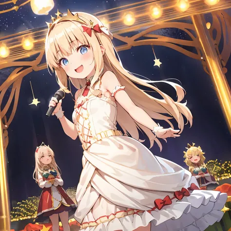 reallistic、Movie Still、diva girl,Real Girl、Blonde long hair,little kindergarten girl,In front of a huge illuminated Christmas tree、Sing a song,Bandstand,girl singing、Demonstrate head hunting、发光、With smiling eyes、A delightful、Warm and soft lighting、light gl...