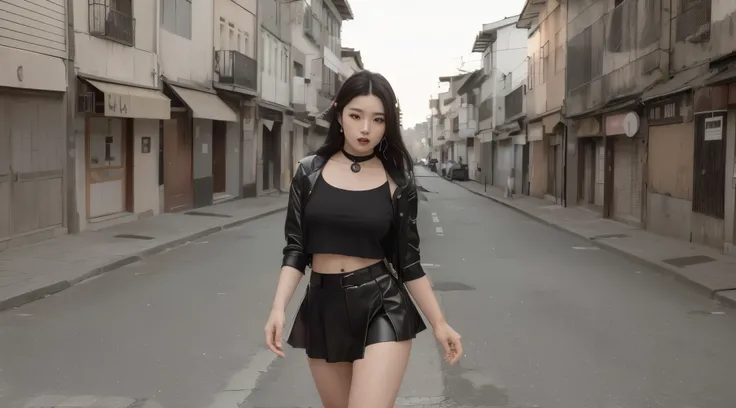 mulher coreana loira, k-pop star, cabelos loiros com blusa preta e saia de couro curta andando por uma rua, gothic city streets behind her, posando em uma rua, na rua, standing in a city street, garota elegante em roupa, roupa preta, em uma rua, em uma rua...