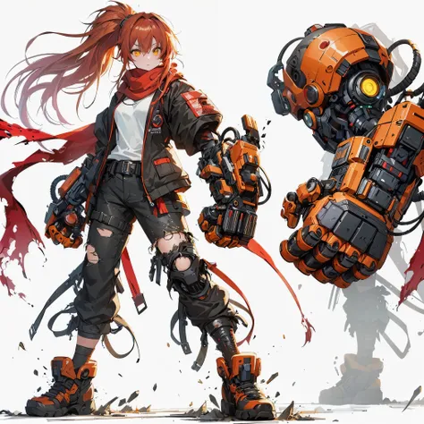 (masterpiece, best quality), ultra detailed, anime style, full body, solo, cyberpunk KARATE girl, sci-fi costume and torn red scarf, orange ponytail hair and yellow eye, high-tech huge gauntlet, hi-tech boots, standing in wasteland, digital painting, 8K hi...