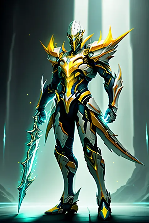 white and yellow armor, blue eye, warframe, galaxy, carrying yellow lightning spear, yellow lightning aura, HD, 16K, full body