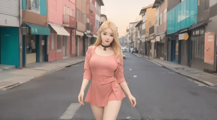 Blonde woman, cabelos loiros, mulher coreana loira, k-pop star in a vestido vermelho muito curto posing for a picture, dressed in a vestido rosa, vestido rosa, corpo rosa, vestido aberto, vestido skintight, bela foto de corpo inteiro, corpo inteiro dispara...