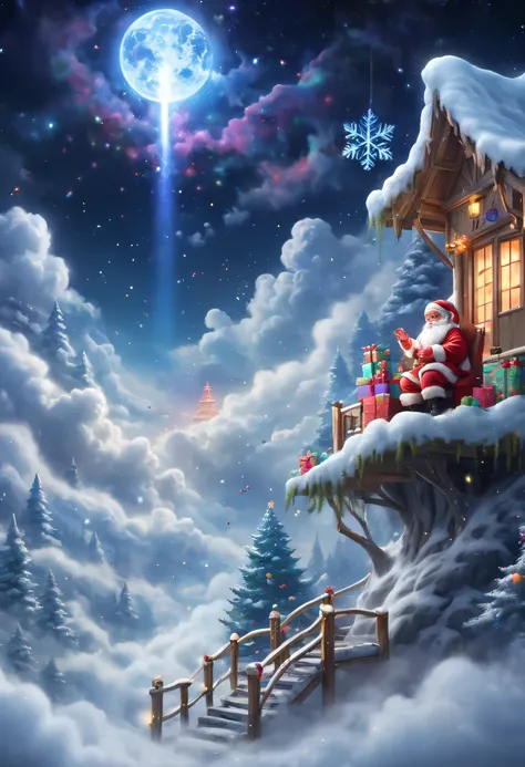 孩子和Christmas gifts睡觉，Above the clouds，nigh sky，dream，Christmas gifts，Colorful big snowflakes are flying，Christmas tree，大雪花和dream幻般漂浮的圣诞老人脸，nigh sky中闪烁的星星，Overlapping clouds and fog，异想天开的奇幻dream，Beautiful Art Ultra HD 8K, 8K highly detailed digital art, bea...