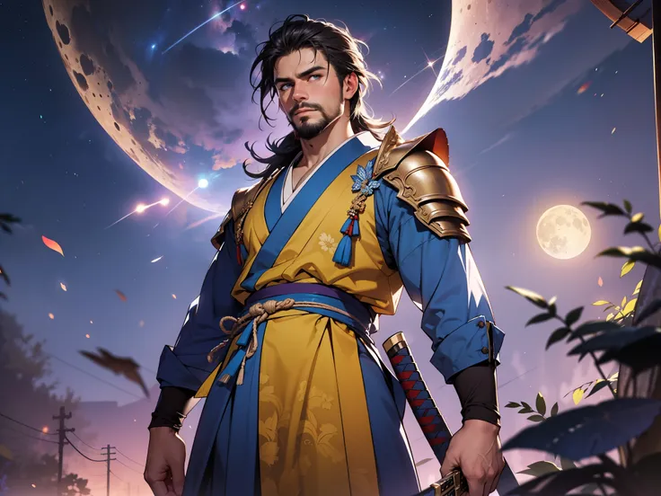 1man,masterpiece,best quality,detailed background,solo,muscular male,cowboy shot,east asian architecture,full moon,japanese armor,holding katana,looking at viewer,beard,detailed eyes,beautiful eyes,standing,depth of field,