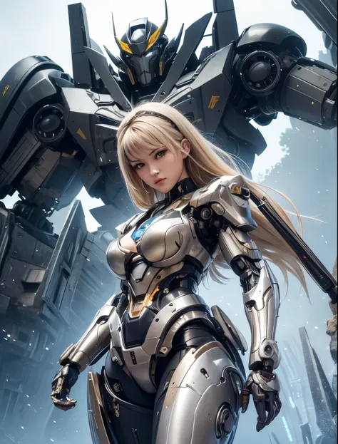 Textured skin, Super Detail, high details, High quality, Best Quality, hight resolution, 1080p, hard disk, Beautiful,beautiful cyborg woman,Mecha Cyborg Girl,Battle Mode,Girl with a Mecha Body,She wears a battle cyborg mech with a weapon,Cyborg Warrior