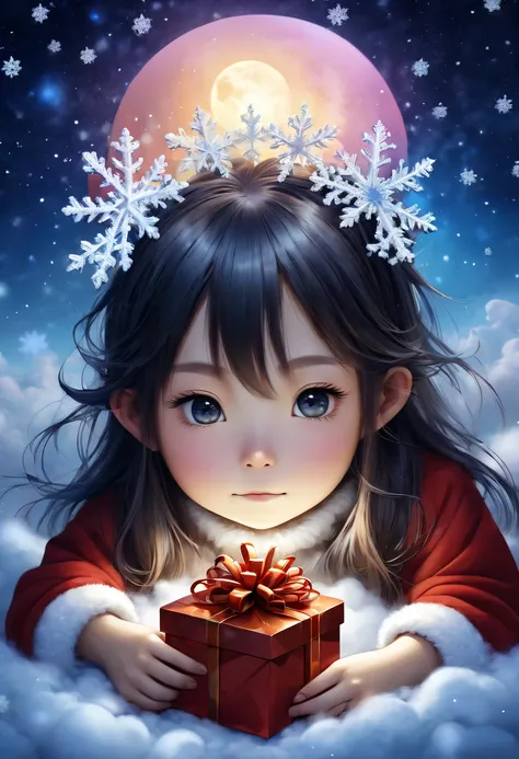 christmas，Gamine&#39;七Cloud朵之上浮现出她的脸庞，nigh sky，dream，(Christmas gifts:1.2)，Gamine&#39;face asleep，(Christmas tree:1.2)，(Big snowflakes:1.3)，五颜六色的Big snowflakes飞舞着，Cloud，nigh sky中闪烁的星星，Overlapping clouds and fog，Exquisite gift box，异想天开的奇幻圣诞dream，Beautiful A...