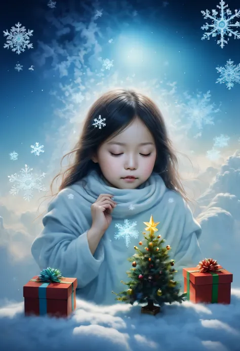 christmas，Gamine&#39;Her face appeared above the colorful clouds，(multiple exposure:1.5),nigh sky，dream，(Christmas gifts:1.2)，Gamine&#39;face asleep，(Christmas tree:1.2)，(Big snowflakes:1.3)，五颜六色的Big snowflakes飞舞着，Colorful clouds，nigh sky中闪烁的星星，Overlapping...