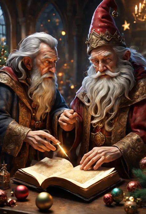 The old wizard handed the magic book to his disciple, Christmas decorations, intricate, (masterpiece, Representative work, official art, Professional, unity 8k wallpaper:1.3)