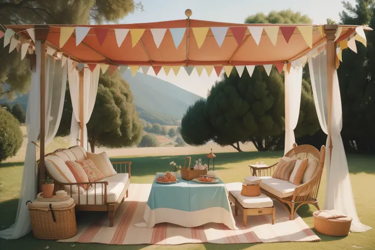 January 2023. Canopy Bed Picnic in Provence, France.
Description: Characters enjoy a cozy picnic on a whimsically decorated canopy bed in the picturesque landscapes of Provence. The vintage-inspired setup and colorful surroundings evoke Wes Andersons signa...