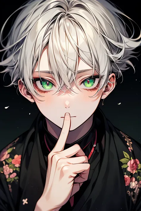 (masutepiece), (Best Quality), Highly detailed, 1 boy, Solo Focus，Perfect face, Beautiful face, extra detailed face，(white  hair:1.3)，(Green eye:1.3)，florals，Eau，foam，Black clothe