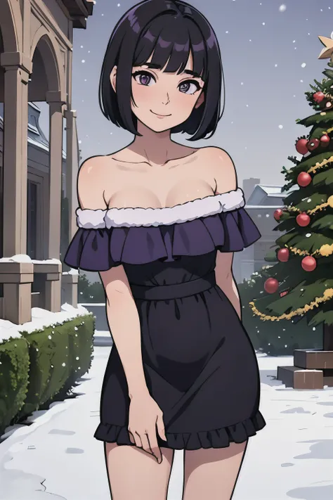 Best quality, masterpiece, Teenager, Hotaru Tomoe, Short Hair, Black Hair, Bob Hair, Bob Haircut, Purple Eyes, Smile, Bare Neck, Bare Arms, Bare Shoulders, Purple Dress, Strapless Purple Dress, Lace Off-shoulder top, Ruffle Off-the-Shoulder Top, Maxi Dress...