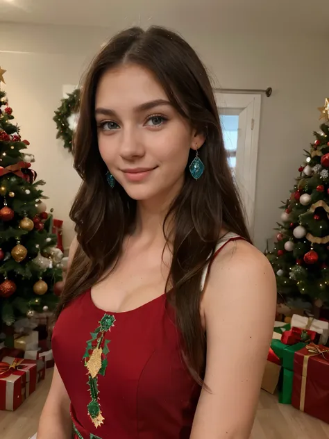 Photo of a 20 year old brunette woman, that has a very natural face, bule long hair girl, thin lips, thin blue eyes, thin eyebrows, thin nose, earrings, long eyelashes. Wearing a red Christmas dress, Christmas tree in background and gifts, cute smile on fa...