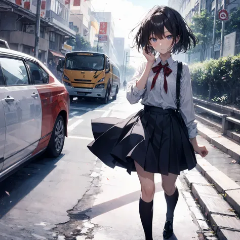 Super high quality by the art god, Ultra-detailed, High resolution, Shinkai Makoto style, anime moe art style, best anime 8K konachan wallpaper, Pixiv Contest Winner, Perfect Anatomy, BREAK,(Please draw a sleepy girl going to school alone.. ),BREAK, a hype...