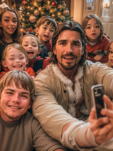 Christian Bale, dressed like Santa, takes a selfie in front of the Christmas tree and happy children.