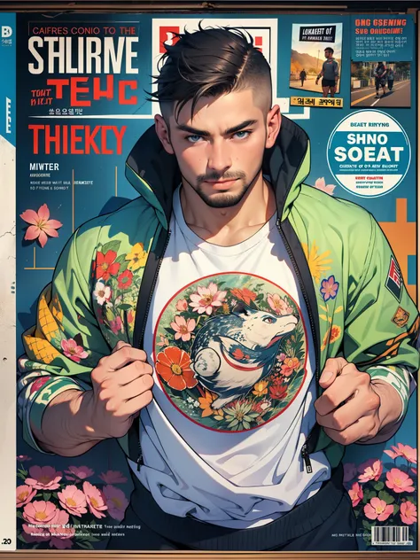 Best quality, masterpiece, ultra high res,detailed background,realistic,illustration,Magazine cover poster,magazine scan,korean,solo,yaoi,1boy,mature male,thick thighs,manly,handsome,muscular,under cut,short hair,facial hair,jacket,flower field,model,stree...