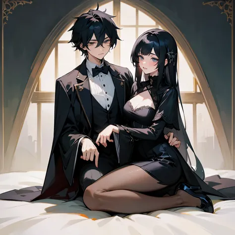 masterpiece, best quality, anime boy and girl, siblings, twins, one is male, one is female, (they look alike), black hair, gothic clothes, (sexy)