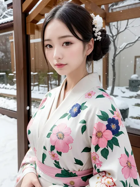 (floral printed Kimono: 1.2), ((of the highest quality, 8K, masutepiece: 1.3, Raw photo)), Sharp Focus: 1.2, (1 AESPA Girl :1.1), SOLO, (Realistic, Photorealistic: 1.37), (Face Focus: 1.1), Cute face, hyperdetailed face, (updo: 1.2), (Falling snow:1.2), (H...