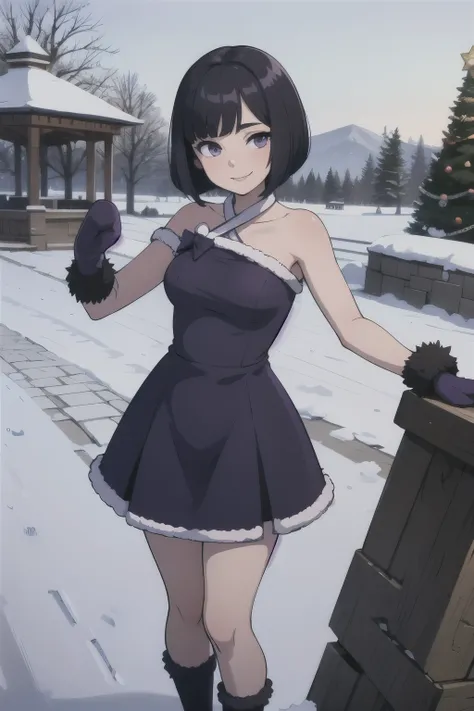 Best quality, masterpiece, Teenager, Hotaru Tomoe, Short Hair, Black Hair, Bob Hair, Bob Haircut, Purple Eyes, Smile, Bare Neck, Bare Arms, Bare Shoulders, Purple Dress, Fur Cur Coat, Purple mittens, Outside the Mansion, Looking at You, daytime, garden bac...