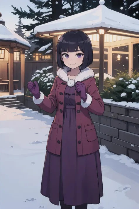 Best quality, masterpiece, Teenager, Hotaru Tomoe, Short Hair, Black Hair, Bob Hair, Bob Haircut, Purple Eyes, Smile, Bare Neck, Purple Maxi Dress, Red Fur Cur Coat, Purple mittens, Outside the Mansion, Looking at You, daytime, garden background, inside th...