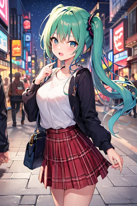 ​masterpiece、Top image quality、超A high resolution、miku hatsune、blue hairs、Twin-tailed、Blushing、mock、Open your mouth just a little、dressed casually、well-shaped breasts、casual miniskirt、Skyscraper、Japan、Outdoors、Night time