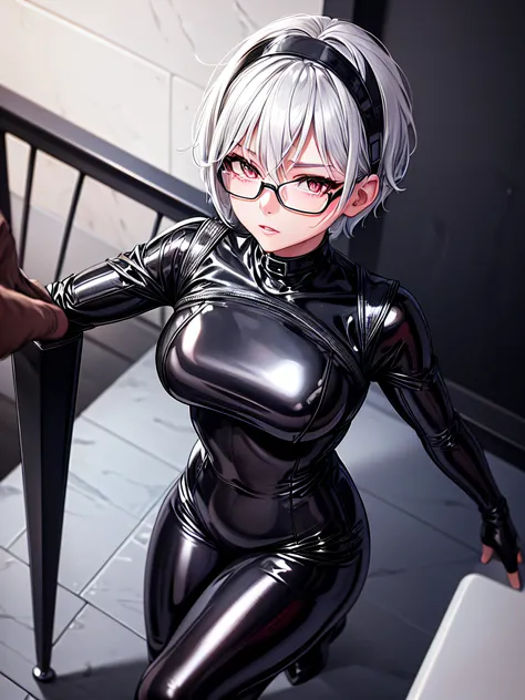 5 8K UHD、A beauty with short silver hair and glasses、Black metallic latex sweatsuit posing with open legs、black metallic latex sweatsuit with hidden skin