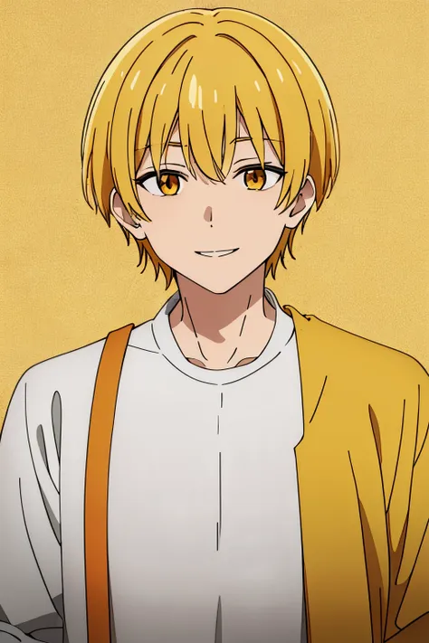 male, boy ,man, short haircut, bangs, messy bangs, yellow hair, orange eyes, smile, yellow open shirt,