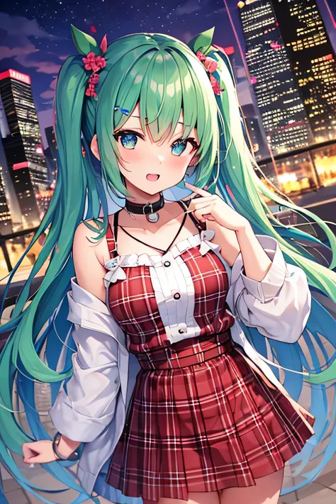 ​masterpiece、Top image quality、超A high resolution、miku hatsune、blue hairs、Twin-tailed、Blushing、mock、Open your mouth just a little、dressed casually、casual miniskirt、Skyscraper、Japan、Outdoors、Night time