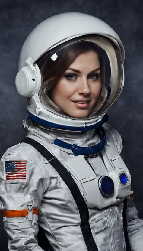 Astronauta feminina com traje capacete, sexy, magra, corpo bonito bem encorpado, completamente nua, linda, detalhada, sentada, sexy, pernas abertas, vagina bem destacada, seios pequenos bem destacados, sorriso fofo.