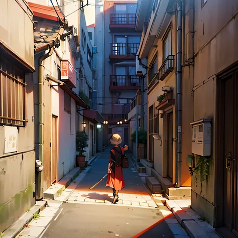 There is a painting，The painting is of a person walking on a narrow street, Animation city line drawing, Anime landscape concept art, standing in an alleys, spanish ghibli alleys, alleys, keyframe,  anime style cityscape, guwei Beijing animation scene, On ...