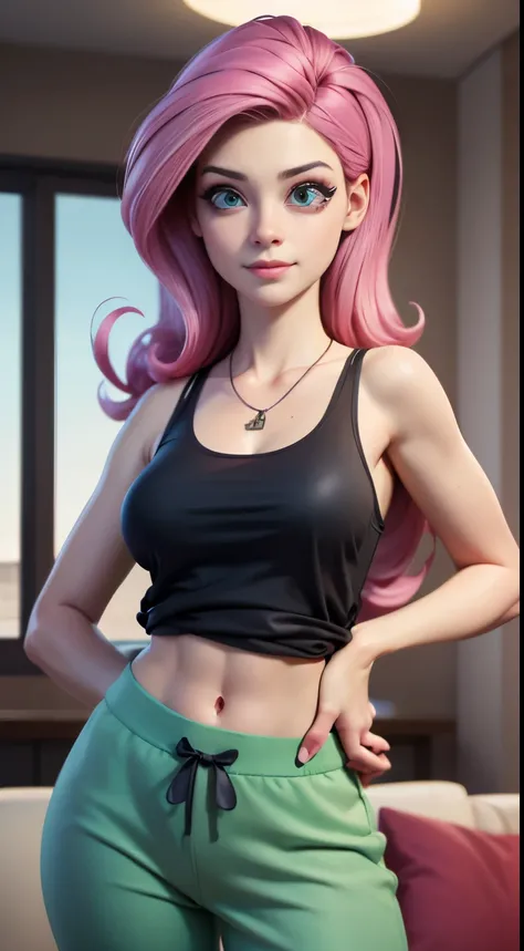 ((best quality)), ((highly detailed)), masterpiece, (detailed eyes, deep eyes), (1girl), dynamic angle, cowboy shot, mlpfluttershy, pink hair, hair ornament, blue eyes, green tank top, green sweat pants, slight smile (beautiful living room, afternoon)