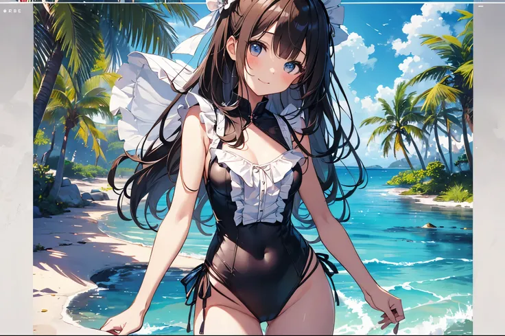 Beautiful illustration、top-quality、cute petit girl、(Transformation Sequence)、((Japanese style maid style one piece swimsuit、10yaers old、Lori、a beautiful slender girl、Brown-skinned：1.3、a baby face、stright long hair))、 beautiful big slanted eyes、Happy smilin...