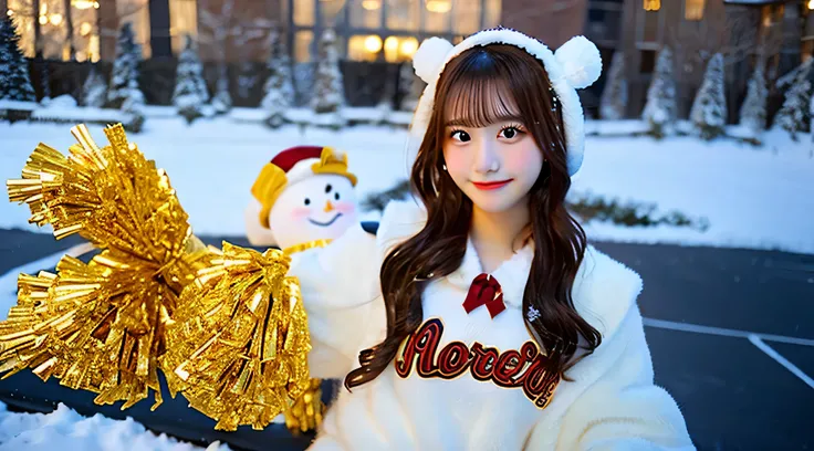 Cute cheerleader 18 years old wearing a golden miniskirt、The background is a snowman