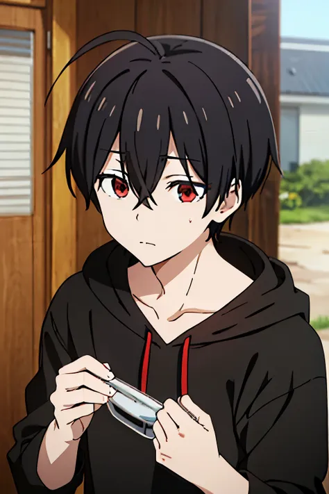 1boy, black hair, red eyes, ahoge, cowlick, hort haircut, messy bangs, black hoodie, skinny, pale skin, long eyelashes