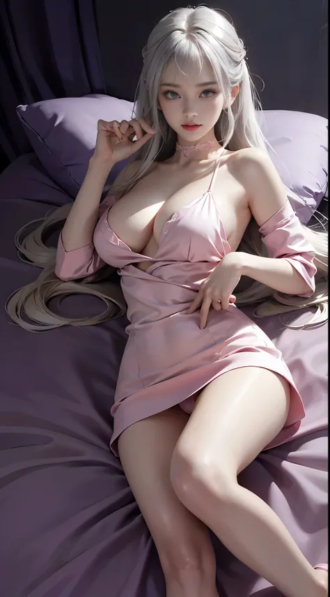 （Woman lying on bed）1 girl, Silver hair, striated hair, Bangs, Blunt bangs, Long hair, Pink hair, aqua eyes, longeyelashes, Purple eyes, makeup, Smile, Parted lips, Realism, Verism, surrealism, depth of fields, One-person viewpoint, F/1.8, 135 mm, canon, n...