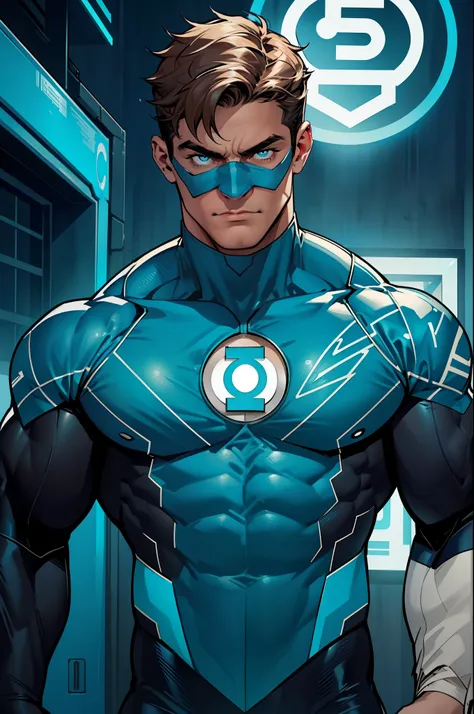 blue lantern, hal jordan, upper body shot, face of a 30s, tall, hunk, lean muscle, short hazel hair, all neon cyan blue and blac...