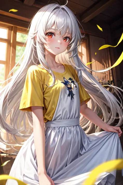 1men, Merlin Lucifer III, yellow t shirt, yellow hair, hadsome, red eyes and 1 girl, Alice Claudia, white hair, long hair, with dress