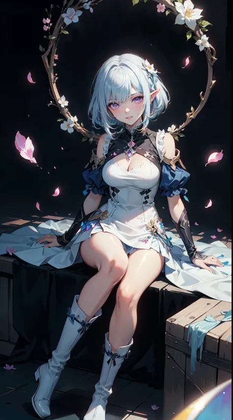 ((masterpiece, best quality)), official art, 8k wallpaper, ultra detailed,  mature dark elf girl, ((dark blue and white dress)), girl in a buble, sitting, flowers, expressionless, ((White boots)), glass texture, light transmission, spectral light, gradient...