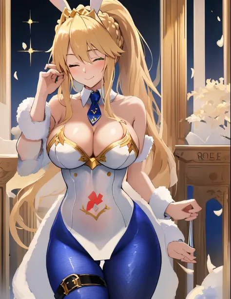 masterpiece, best quality, absurdres, soft lighting, looking at viewer, solo, light_smile, wink, one eye closed,
1girl, ahoge, rabbit ears, playboy bunny, artoria pendragon (swimsuit ruler) (fate), large breasts , blonde hair, green eyes, french braid,  po...