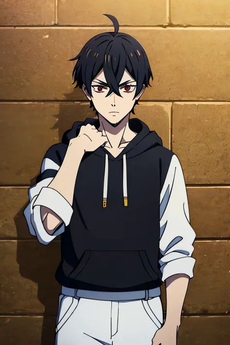 1boy, black hair, red eyes, ahoge, cowlick, hort haircut, messy bangs, black hoodie, skinny, pale skin, long eyelashes