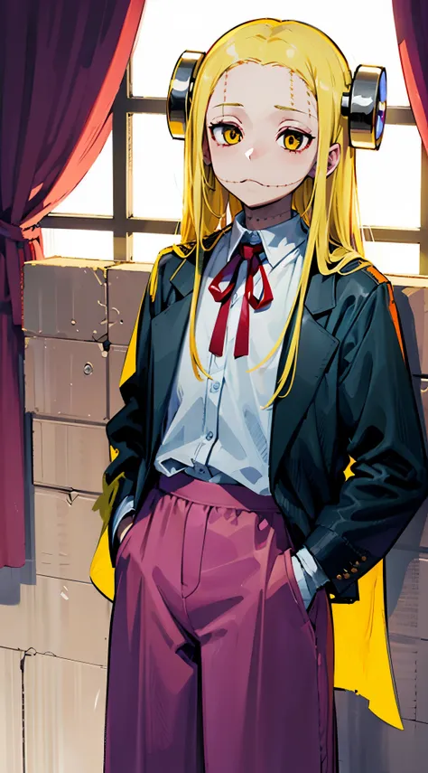 Madaraki_Fran,A  girl ,stands,awkward,the madhatter ,surgeon ,wrinkles,concerned,((hand forward)), hairlong , yellow hair,seams , Scars on the body , A creepy look , scary eyes , An intimidating look , creepy smile , bags under eyes, ((((Tired))))