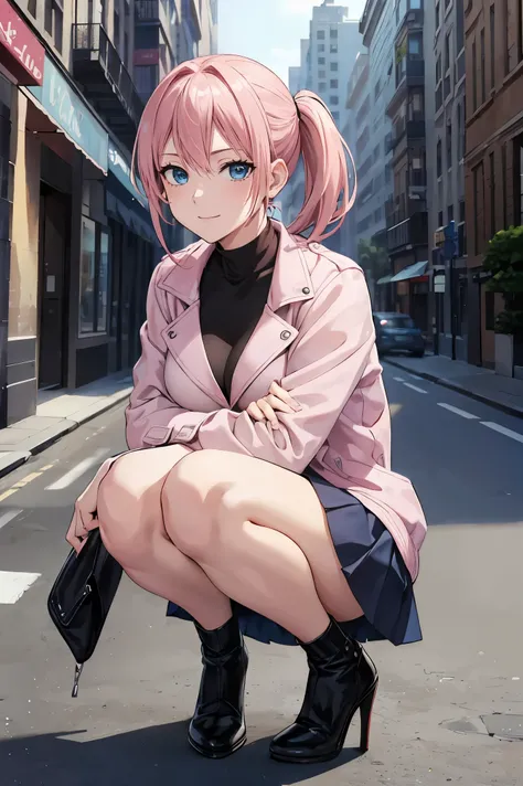 masterpiece:1.2, best quality, ((ultra detailed)), high resolution, 2d, anime style , photo, photography, detailed background, ((pink hair,medium hair,low ponytail,medium breasts)),
BREAK
solo,(droopy eyes:1.3),20 years old, (,tall face, tall female)), ((b...