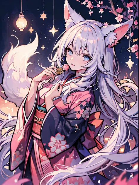 best qualtiy， 超A high resolution， （realisticlying：1.4）， white fox, the Nine-Tailed Fox, Beautiful fece, Woman in Kimono, red, golden colored, black, Sparkle,